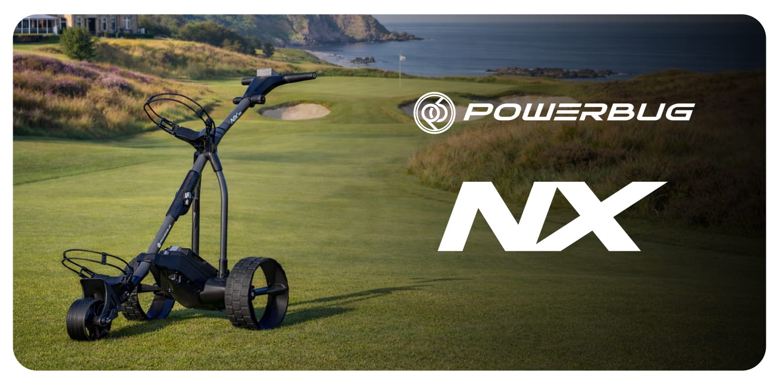 PowerBug NX electric golf trolley on a links golf course